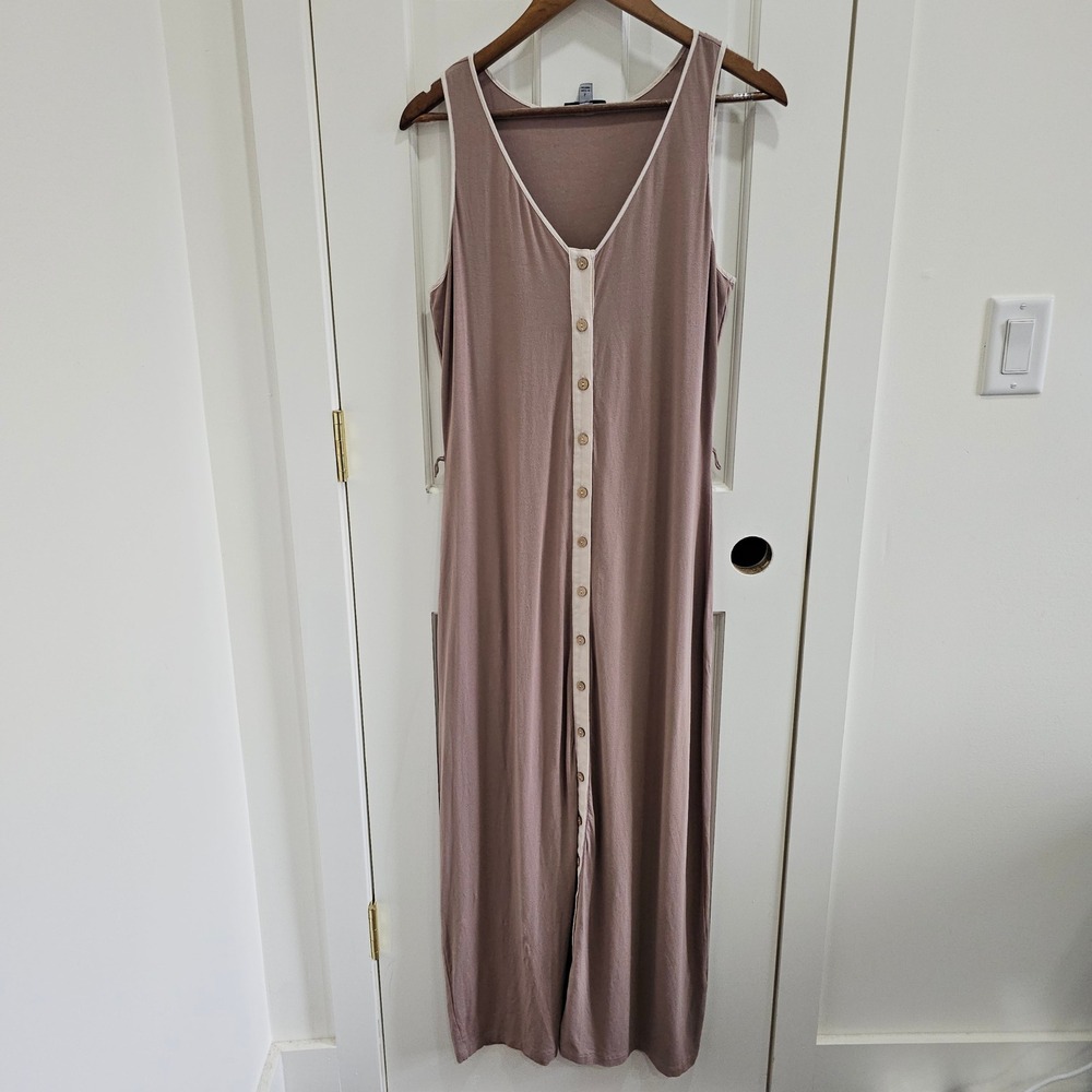 Willi Smith Women Taupe Sleeveless Button Front V-Neck Maxi Dress Size L